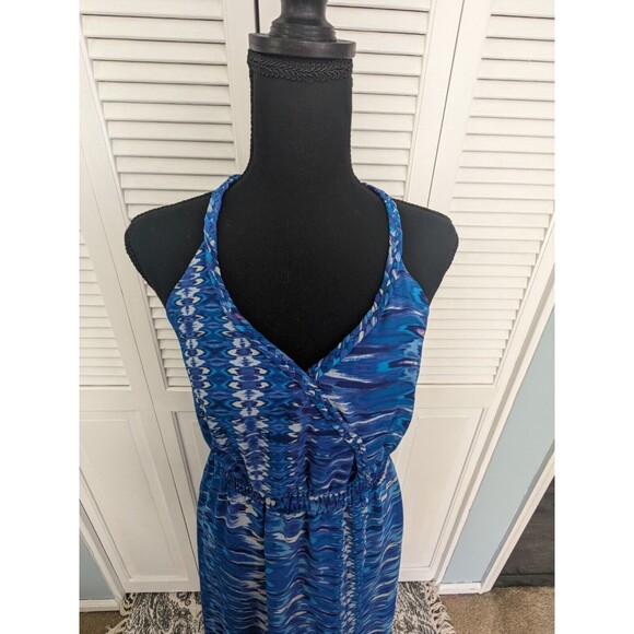 Charlie Jade Dress Womens sz S Sleeveless Maxi Blue Watercolor Faux Wrap Chiffon - Picture 5 of 16